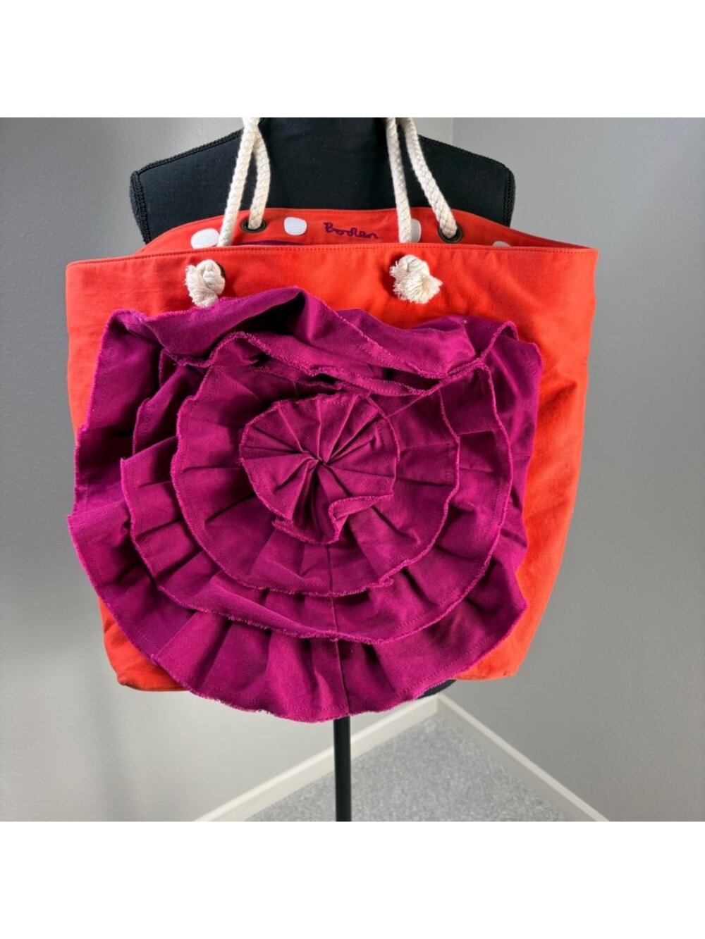 Boden Flower Bag Large Cotton Rope Handles Orange Purple flaw